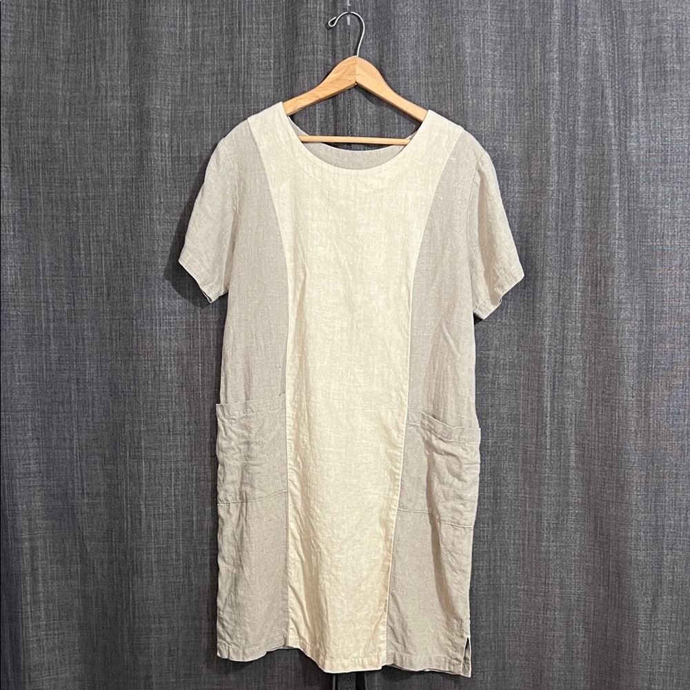 Mishi wearable art linen dress shift shape with pockets